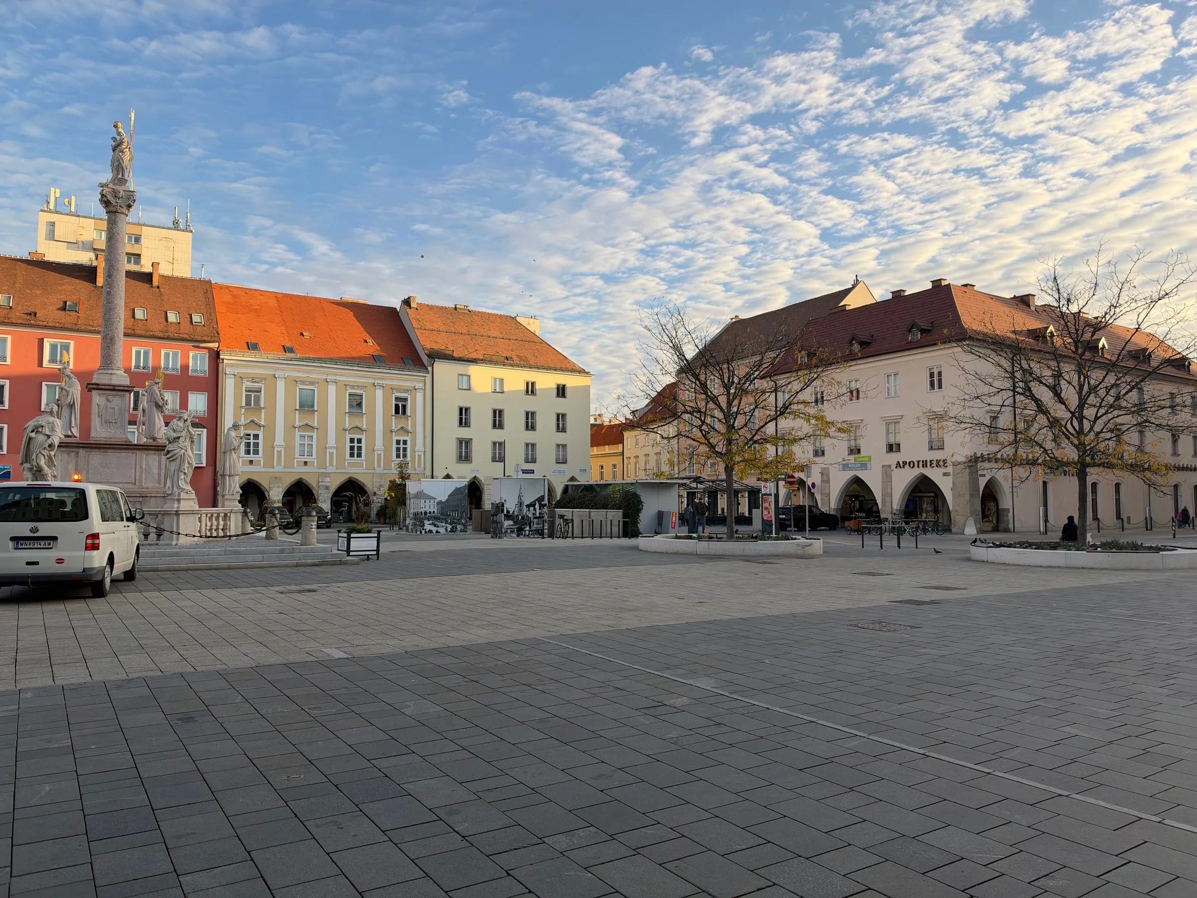 Historic façades and the town square in Wiener Neustadt